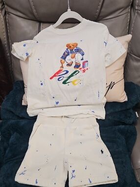 Polo by Ralph Lauren White Kids Tee & Shorts Set with Multicolor Bear Graphic